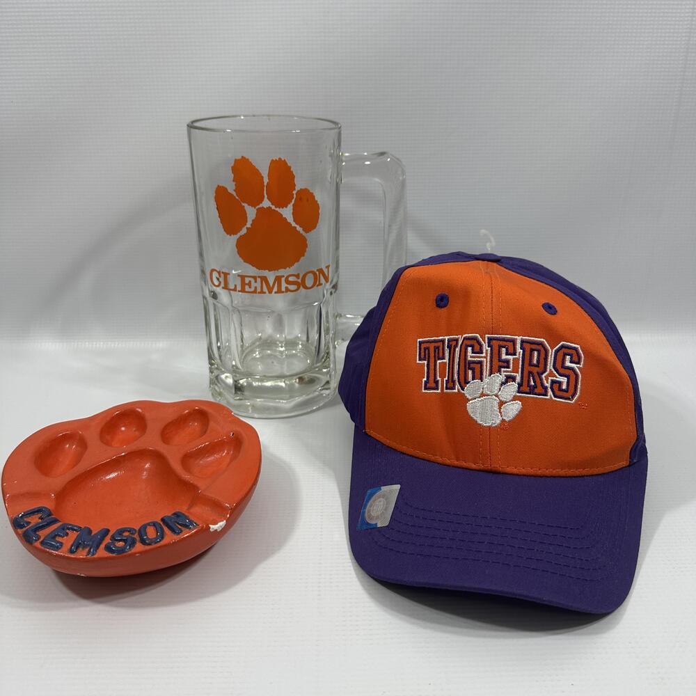 Clemson Tigers Fan Lot Hat Cap Beer Mug Glass Paw Ashtray NCAA Collegiate 3 Pc